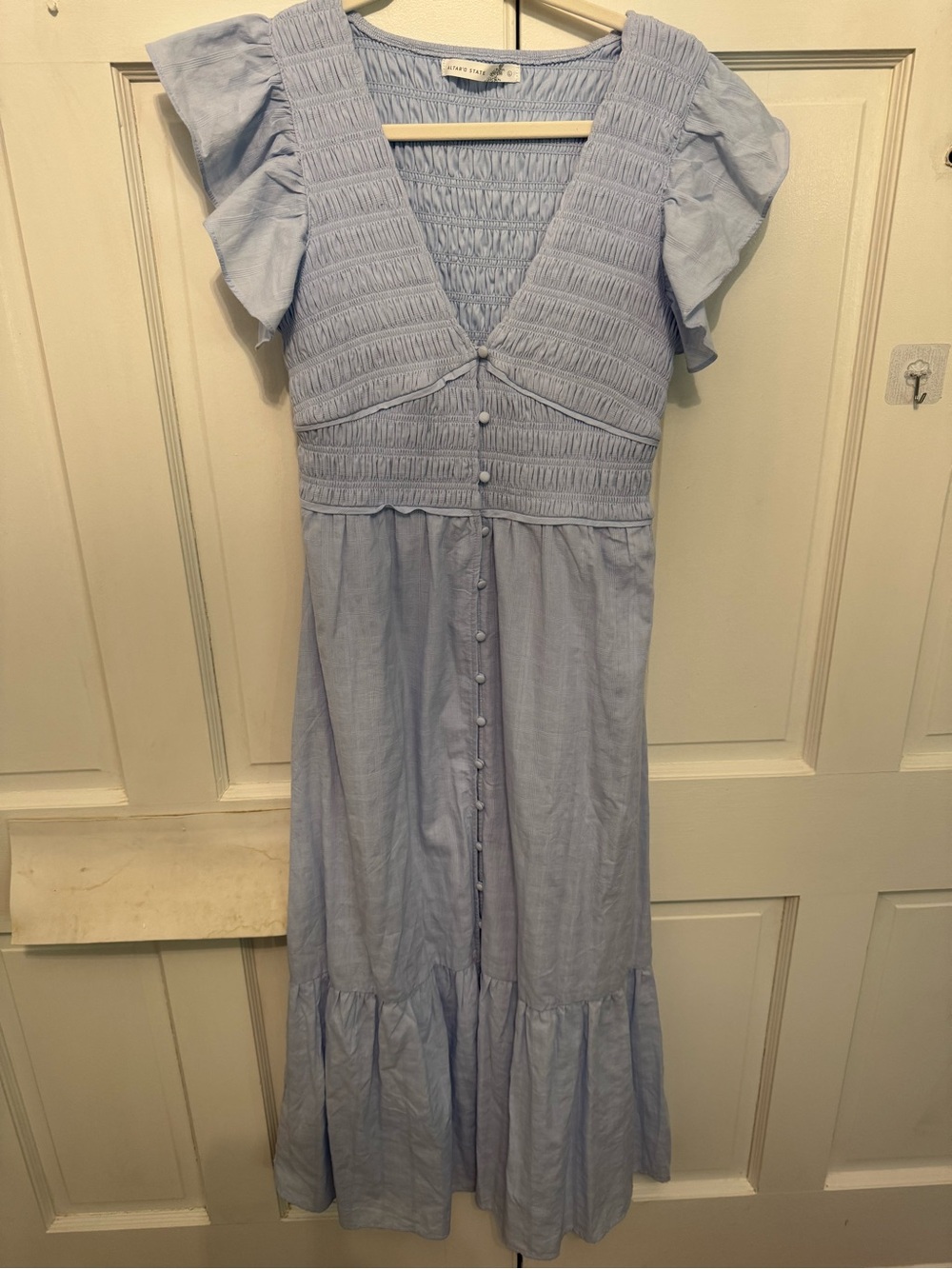 Altar'd State Light Blue Smocked Midi Dress with Flutter Sleeves